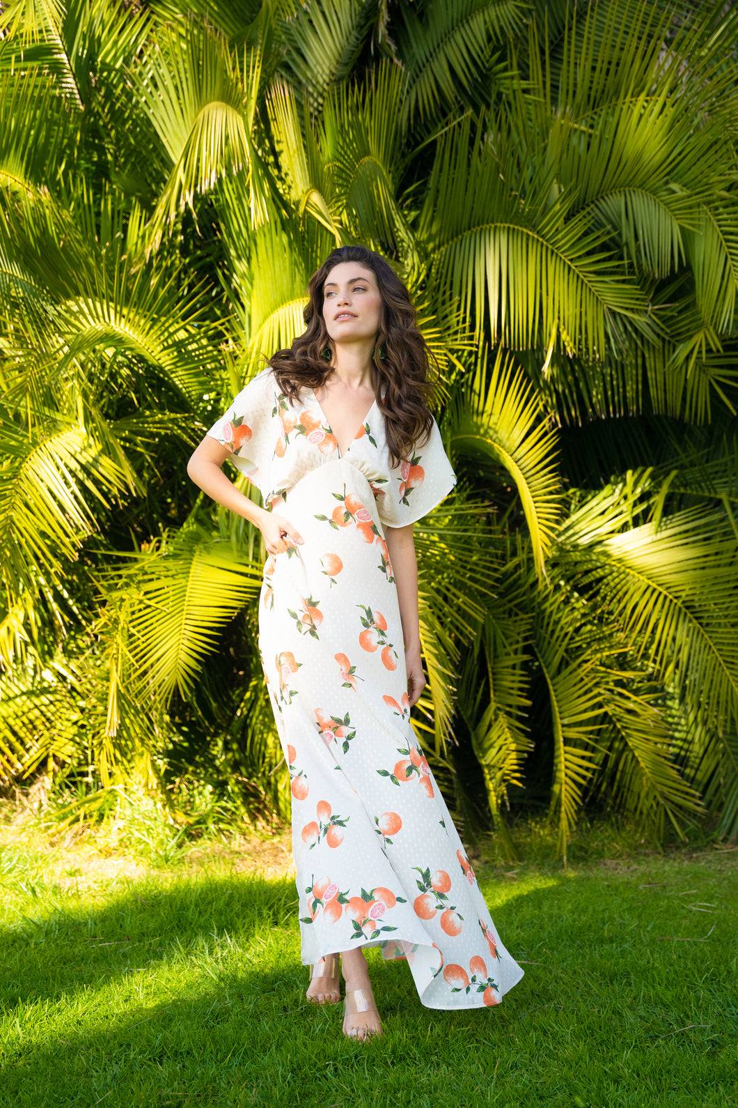 DIANELLA GRAPEFRUIT PRINTED SATIN FLUTTER SLEEVE MAXI DRESS