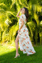 Load image into Gallery viewer, DIANELLA GRAPEFRUIT PRINTED SATIN FLUTTER SLEEVE MAXI DRESS
