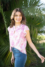 Load image into Gallery viewer, FRANKIE PRINTED CHIFFON RUCHED YKE BUTTON DOWN TOP
